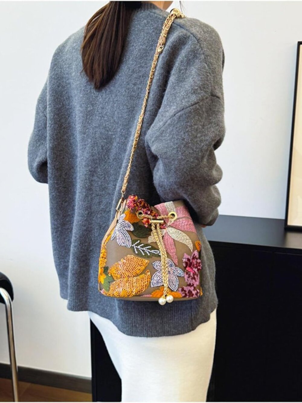Crossbody Bags for Women, Hand Embroidered Leathers Tot Bag, Carry Handle Bucket - Picture 9 of 9